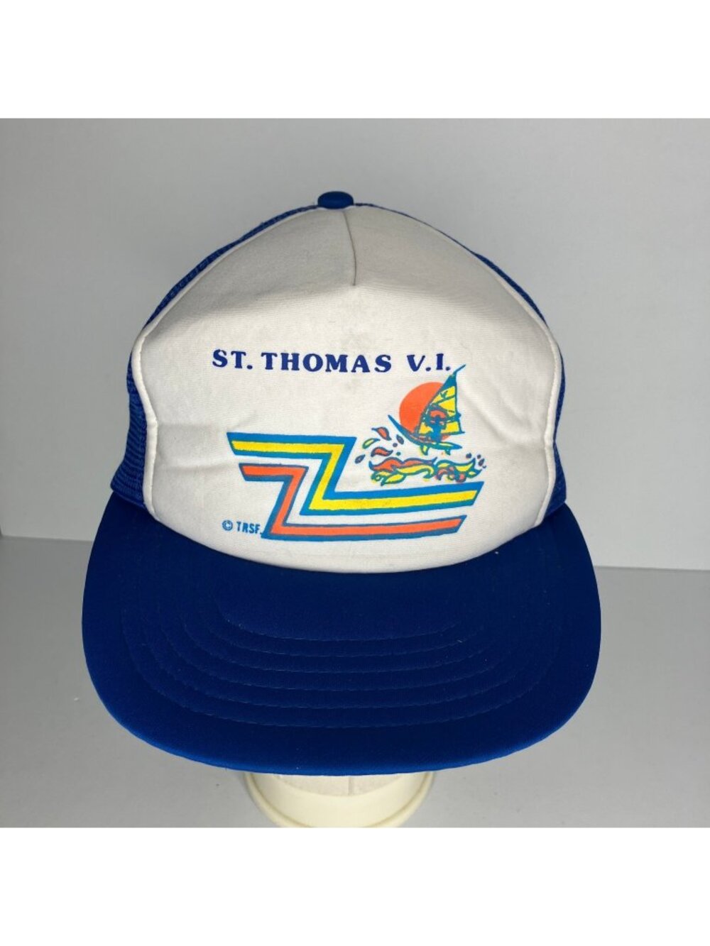 ST. THOMAS V.I. Trucker Hat Men's M/L Adjustable Blue White Vintage
